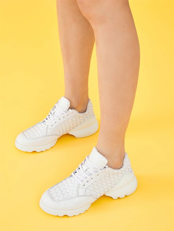Mimi Beyaz Örgü Kadın Deri Sneaker